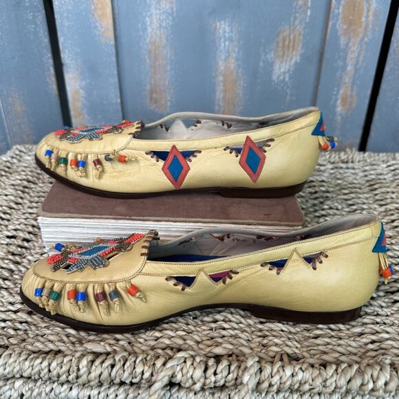 Susan Bennis Warren Edwards Vintage Handmade Leather Beaded Loafers Sz 8 NWOB - Picture 7 of 16